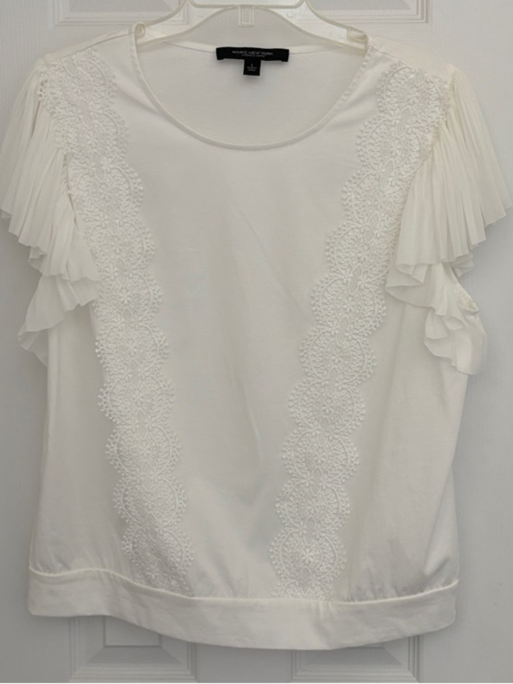 Marc New York Cream Lace-Trim Ruffle Sleeve Blouse